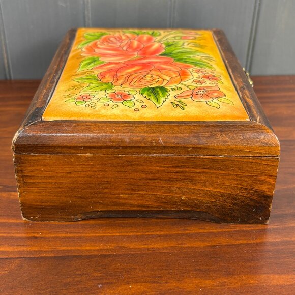 Vintage Wood Jewelry Box Floral Faux Leather Top Trinket Box with Rose Design - Picture 5 of 16